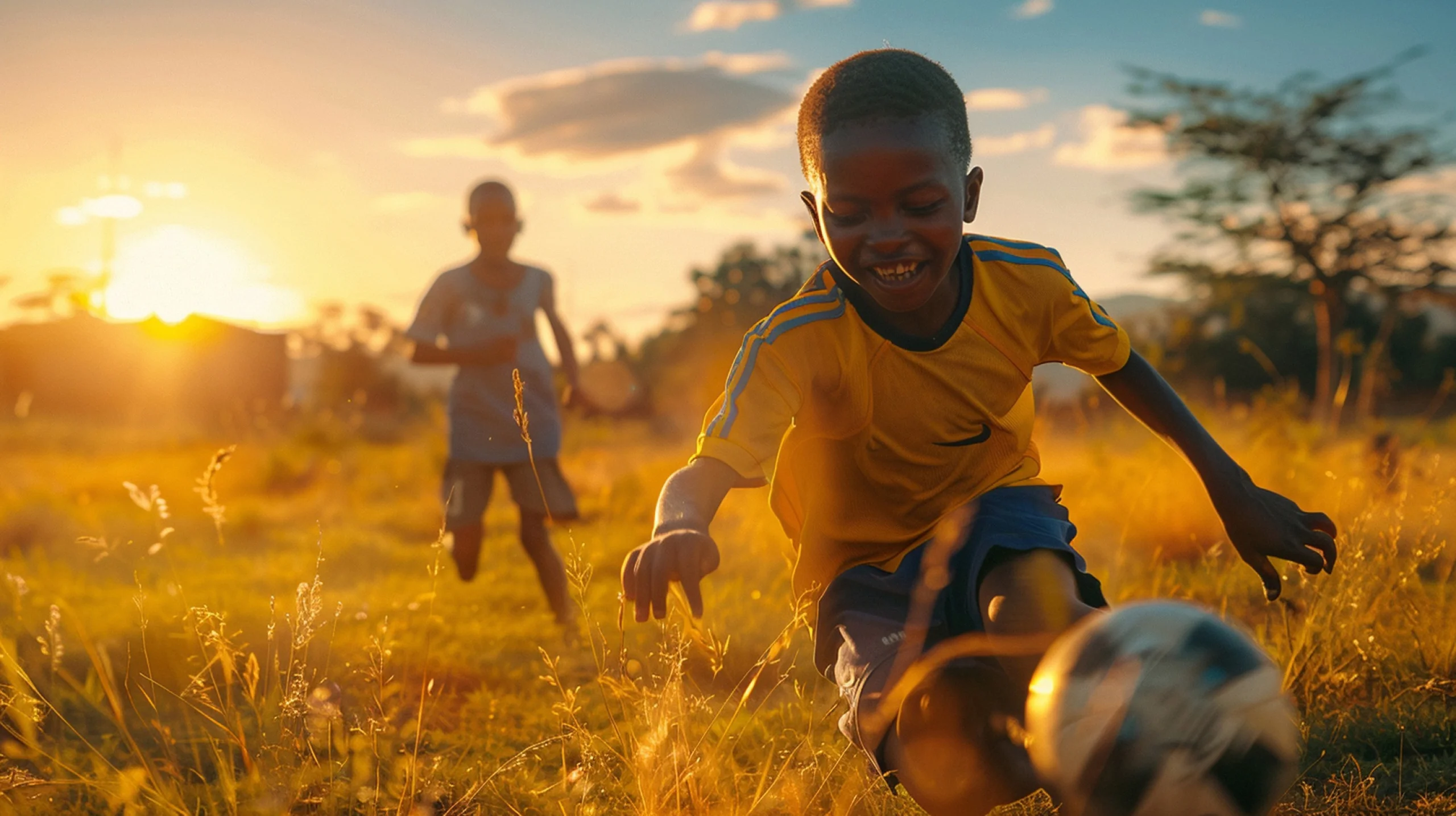 Young players chasing a football on a grass pitch at sunset